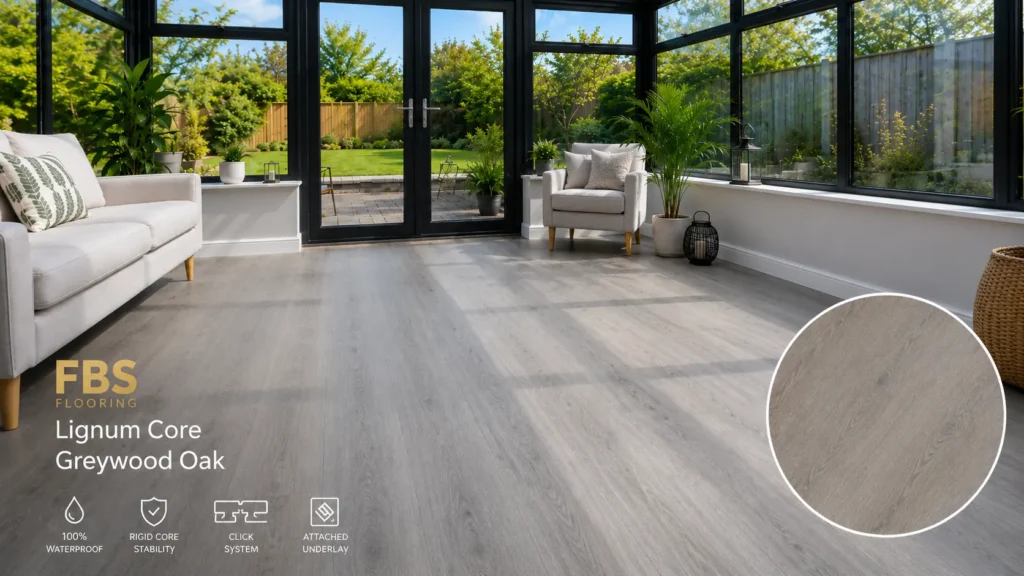 Lignum Core Greywood Oak rigid flooring for a contemporary conservatory