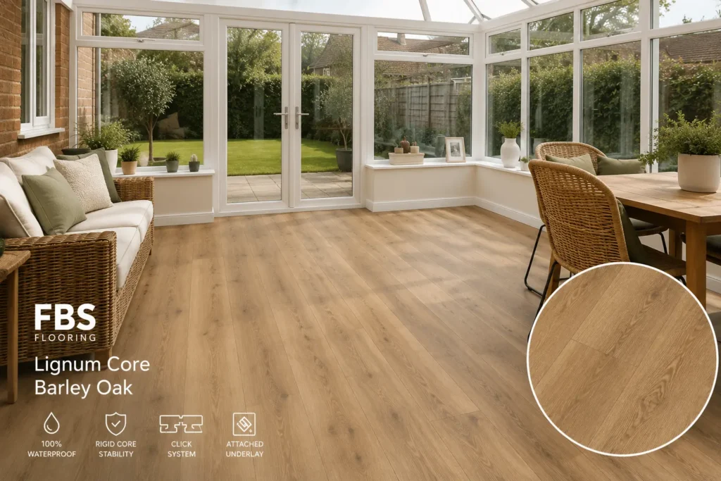 Lignum Core Barley Oak waterproof flooring for a warm sunroom interior