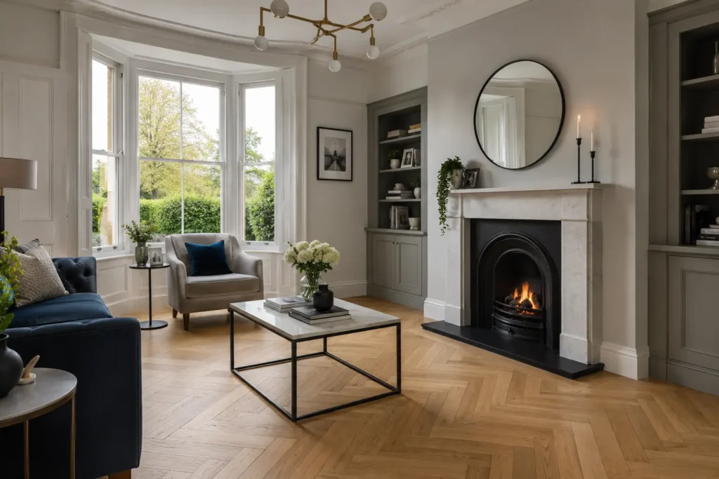 Oak herringbone flooring in a period Irish living room