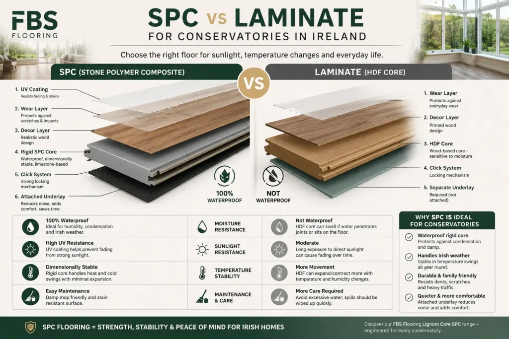 SPC versus laminate flooring comparison for Irish conservatories