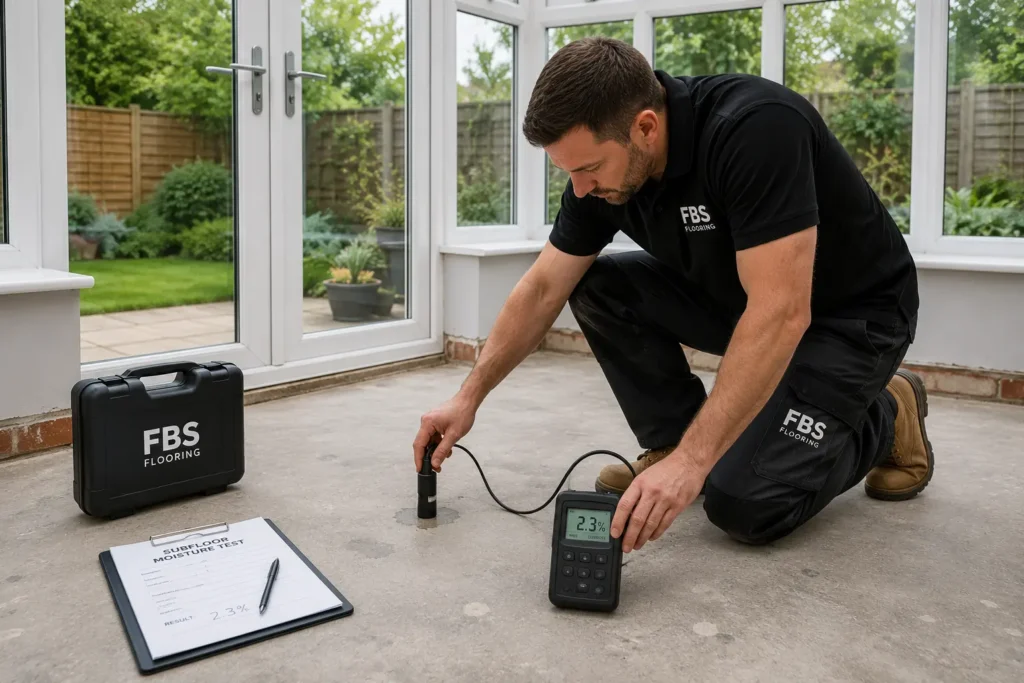 Flooring installer carrying out a moisture test on a concrete conservatory subfloor