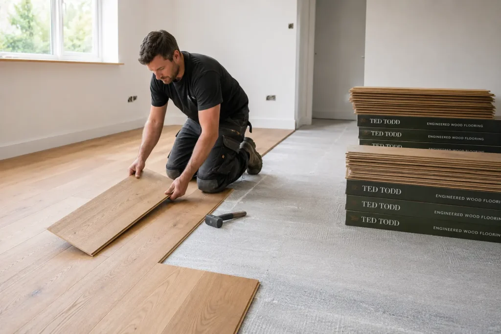 Fitter installing engineered oak flooring over underfloor heating in an Irish home