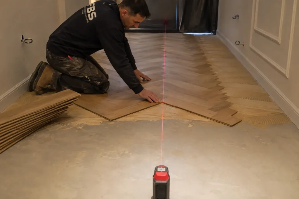 Installer setting out a herringbone floor with a laser centre line