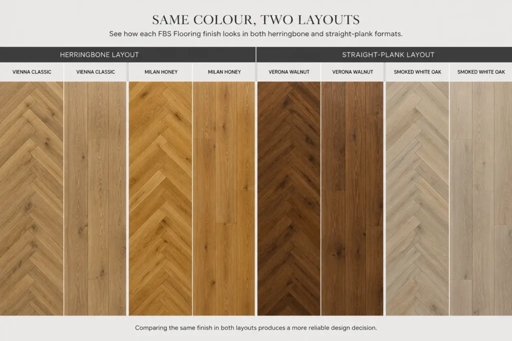 FBS Flooring oak finishes shown in herringbone and straight-plank formats