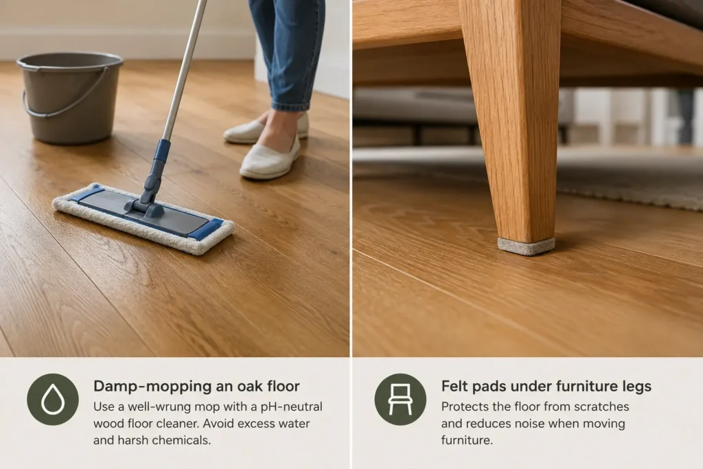 Damp-mopping engineered oak flooring as part of routine care