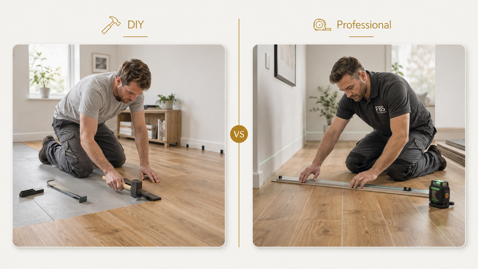 DIY homeowner compared with a professional flooring installer in an Irish home