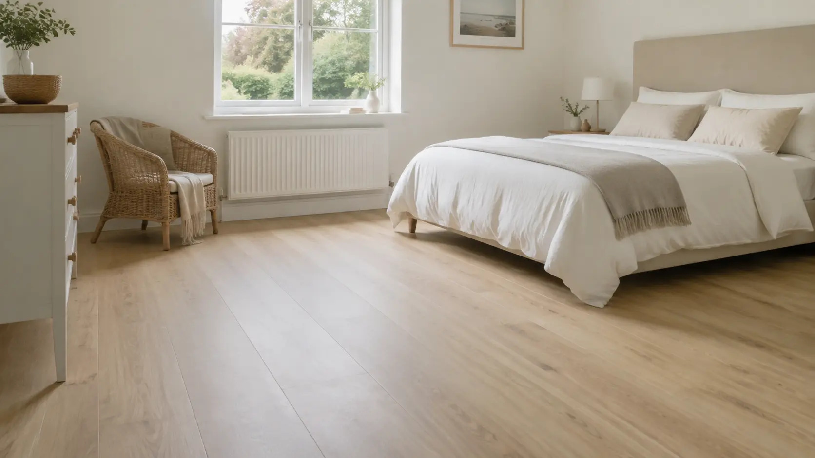 Bright allergy-conscious bedroom with easy-clean light hard flooring