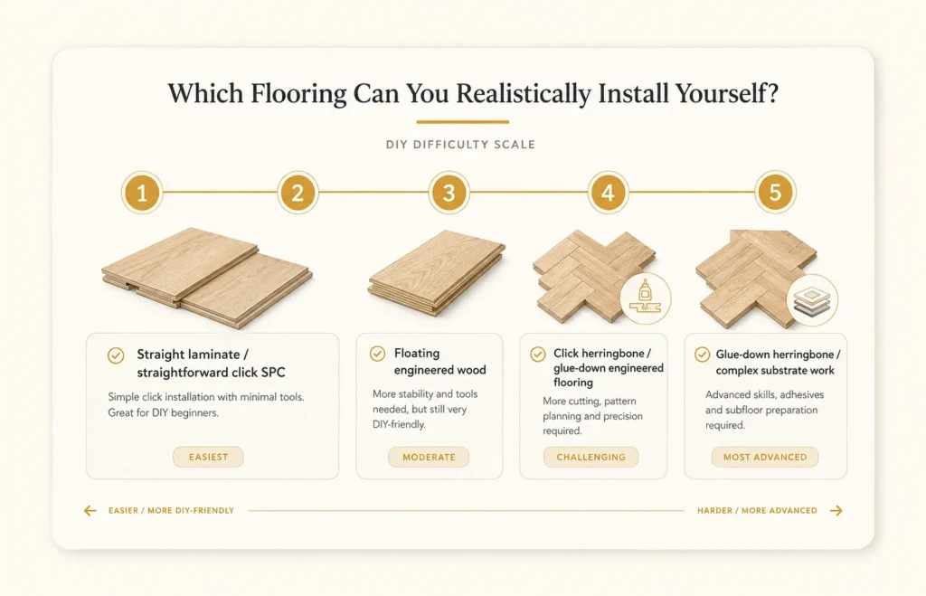 DIY difficulty scale for laminate, SPC, engineered wood and herringbone flooring