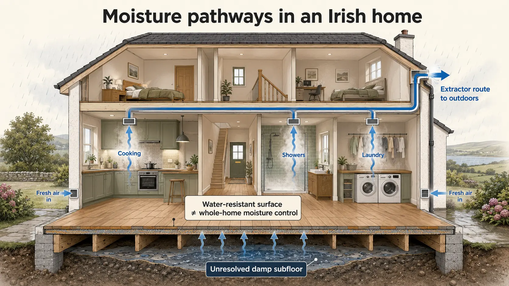Moisture, ventilation and subfloor damp pathways in an Irish home