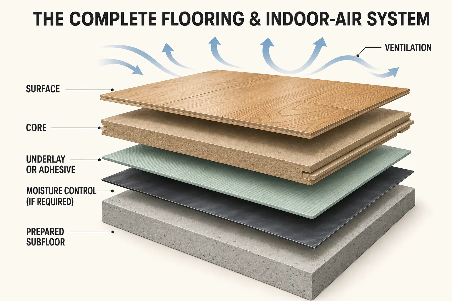 Flooring layers showing surface, underlay or adhesive, subfloor and ventilation