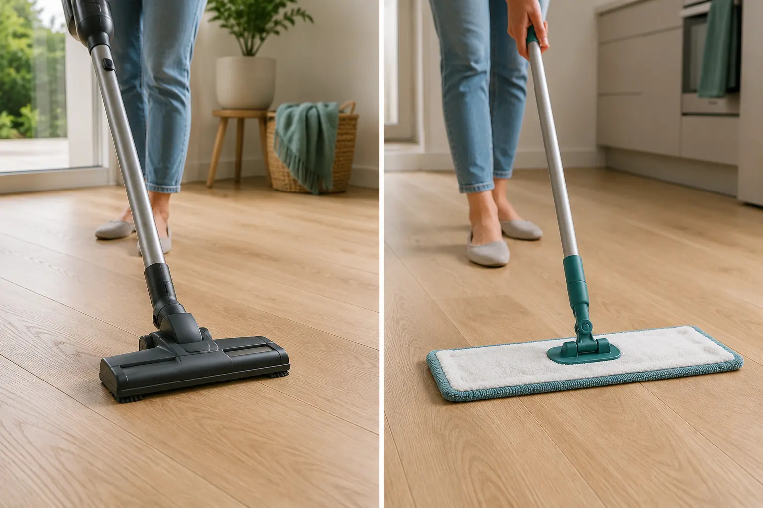 Vacuuming and lightly damp-mopping a wooden hard floor